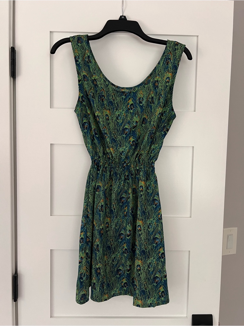 Vintage Y2K Sleeveless Peacock-Print Green Summer Mini Dress